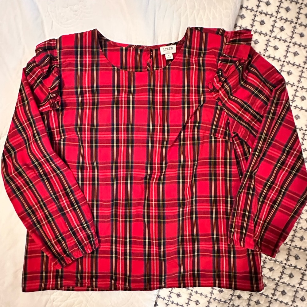 🎄J.Crew Red Plaid Ruffle Blouse